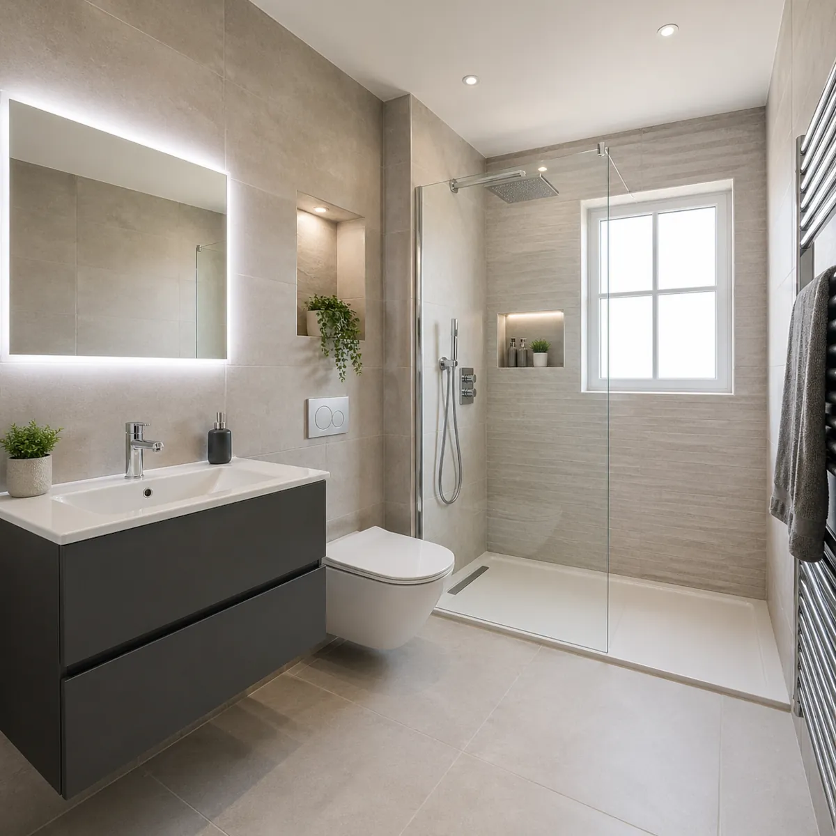 New modern bathroom installation with clean tiling and fitted fixtures.