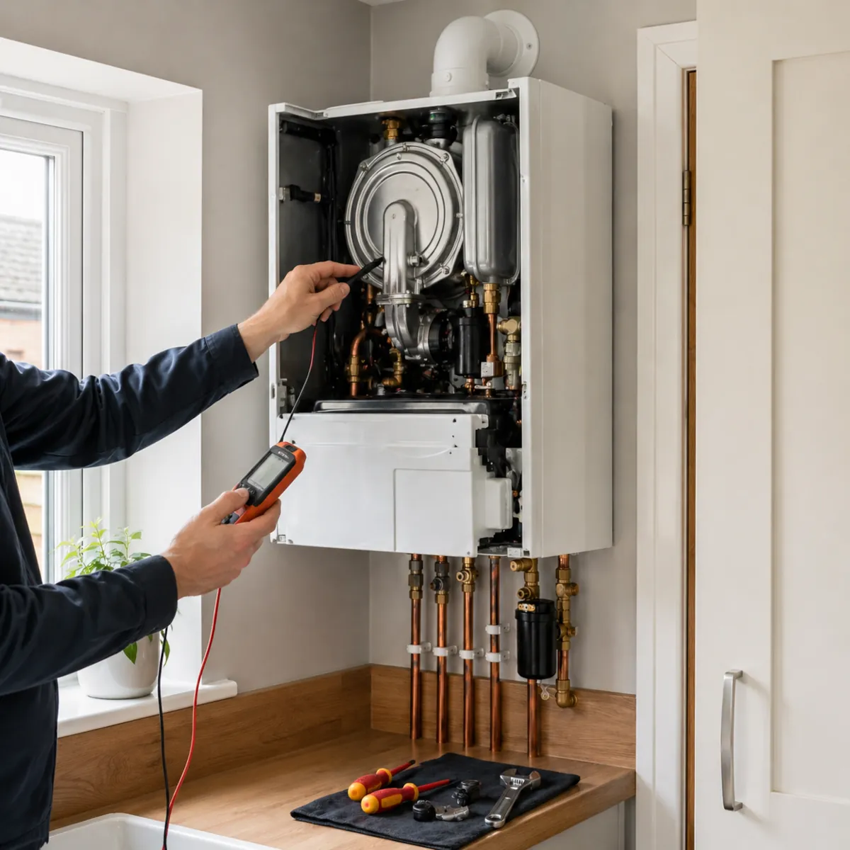 Engineer servicing a domestic boiler with diagnostic tools.