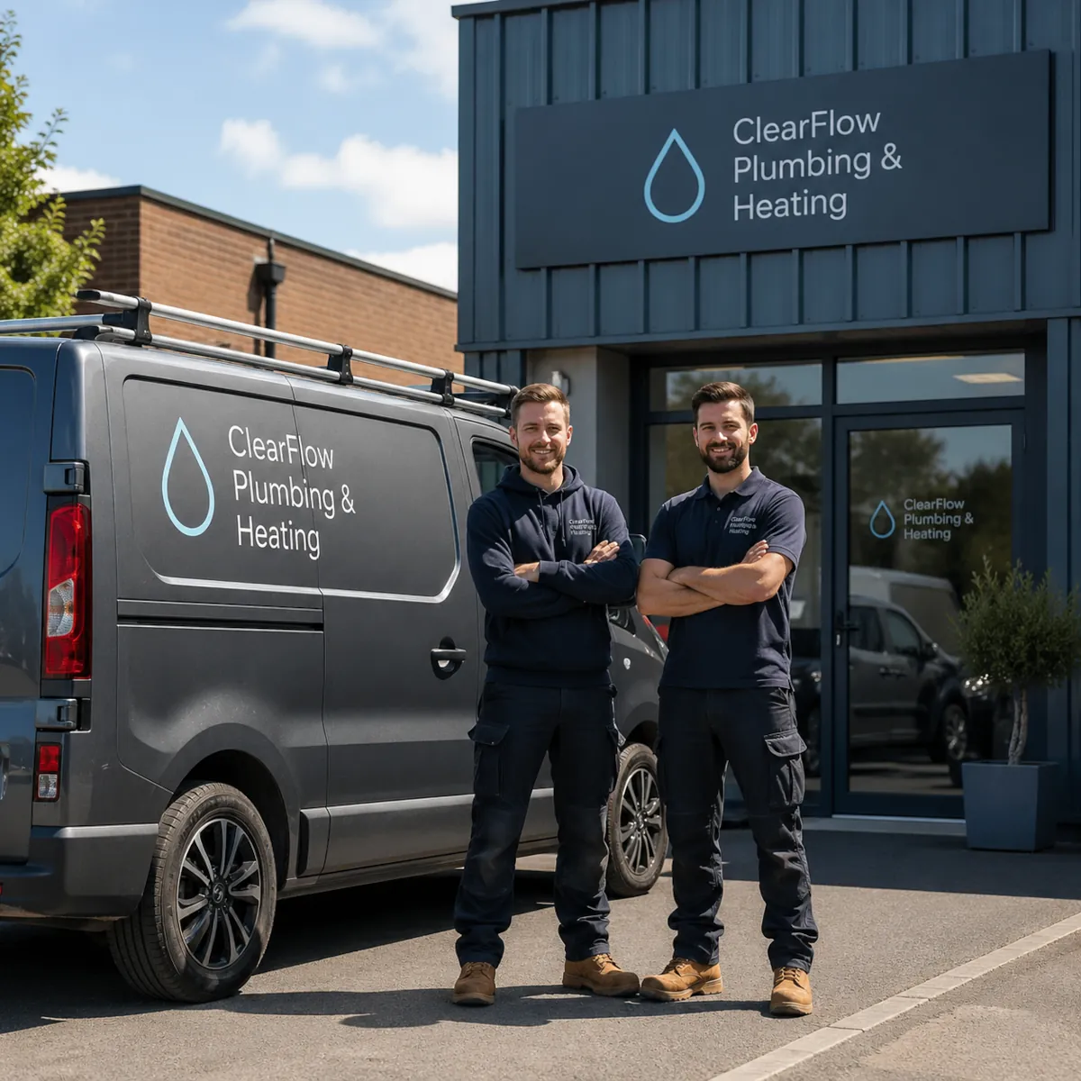 Two ClearFlow Plumbing & Heating engineers standing beside a branded van outside their office.
