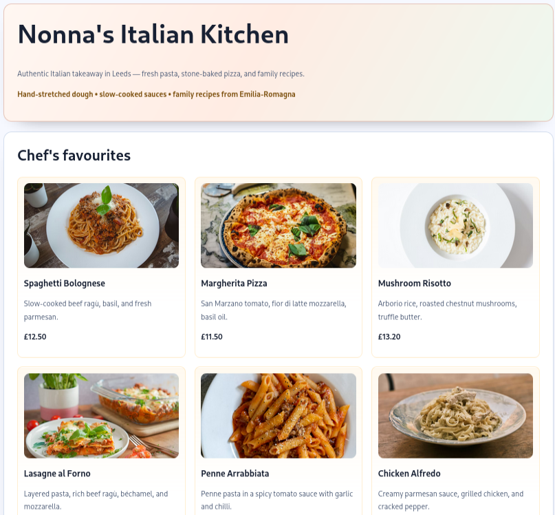 Preview of Nonna's Italian Kitchen takeaway demo page