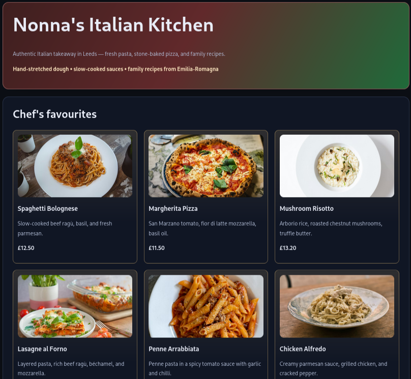 Preview of Nonna's Italian Kitchen takeaway demo page